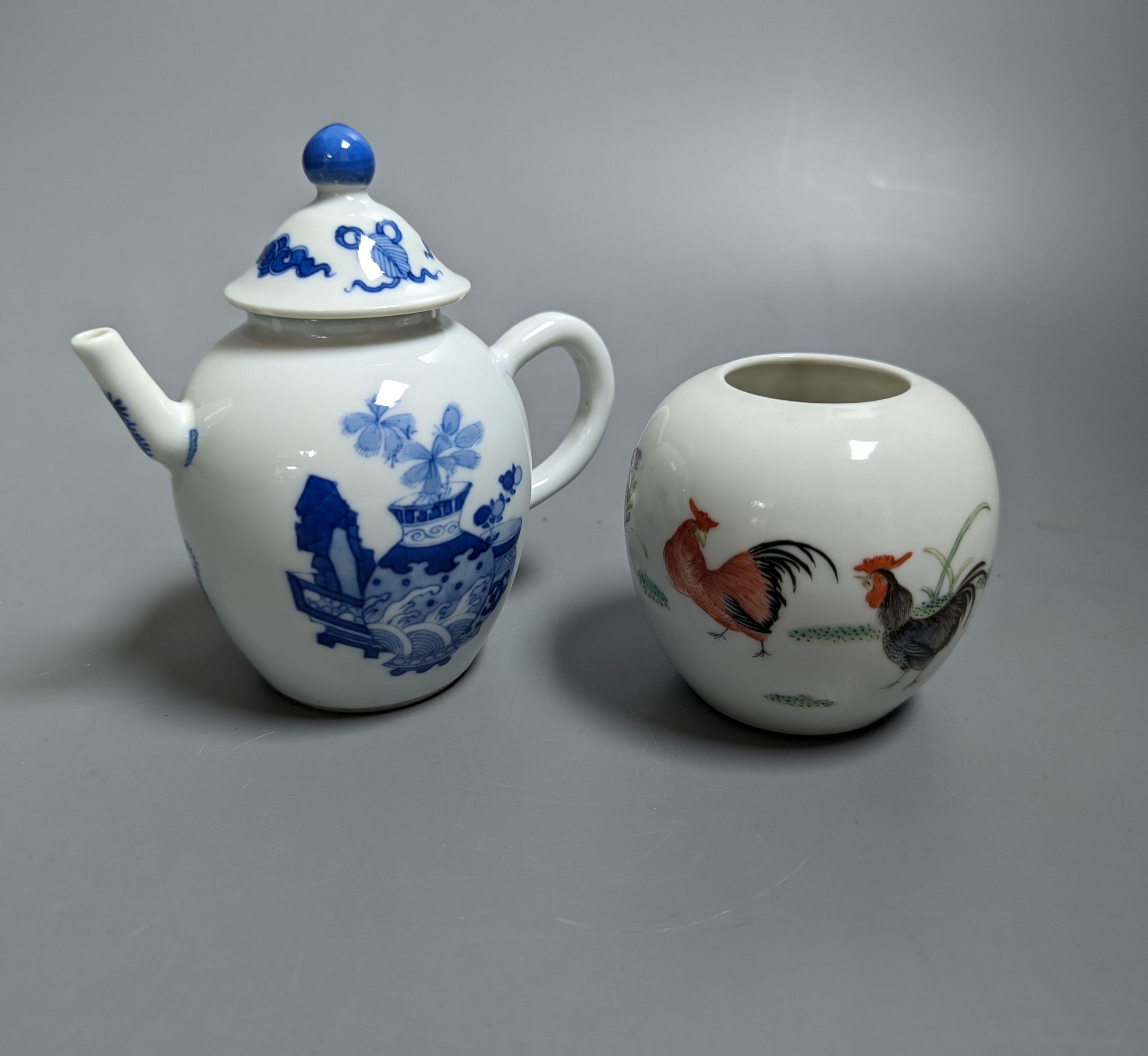 A Chinese ‘chicken’ water pot and a miniature blue and white teapot 12cm